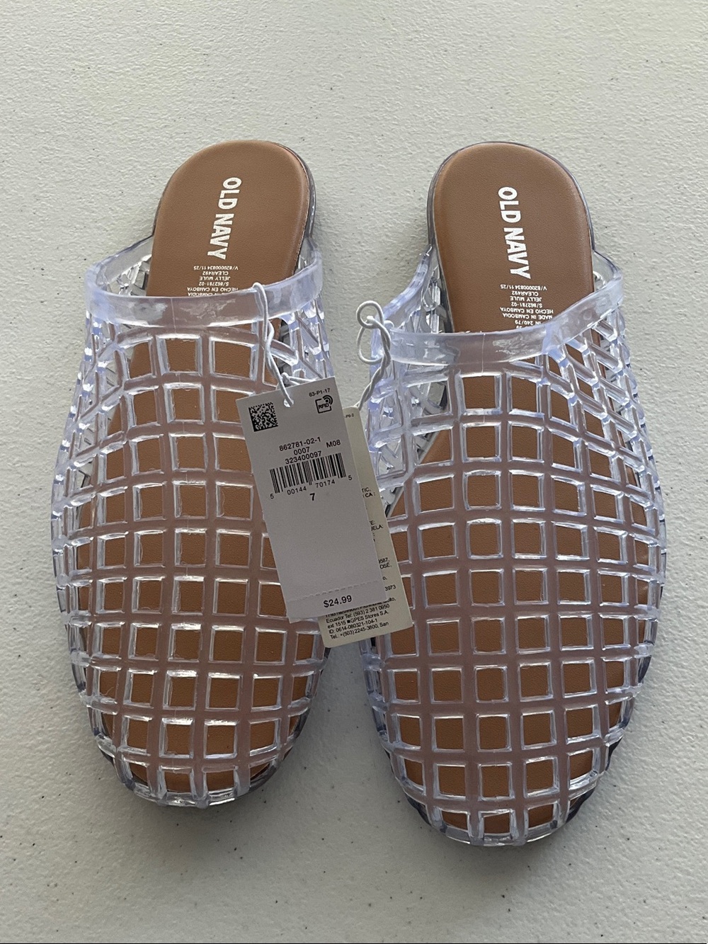 Old Navy Clear Grid Jelly Mules with Tan Footbed